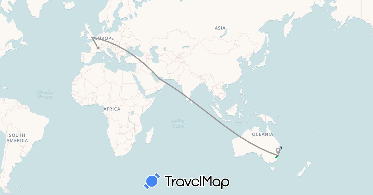 TravelMap itinerary: driving, bus, plane, boat in United Arab Emirates, Australia, France, United Kingdom (Asia, Europe, Oceania)